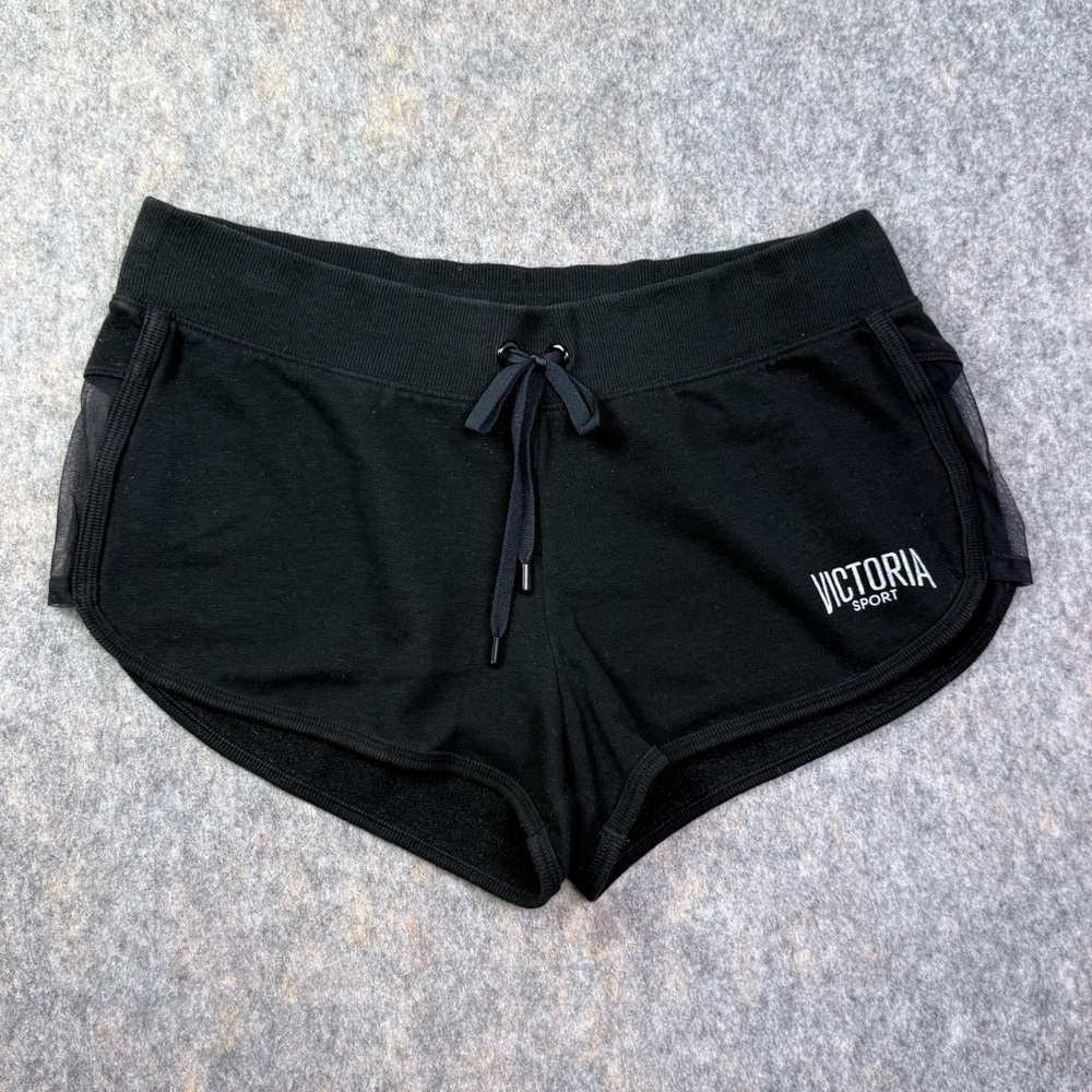 Victoria Sport Track Shorts Women's Size M Black Mesh Side Panels Drawstring Kni